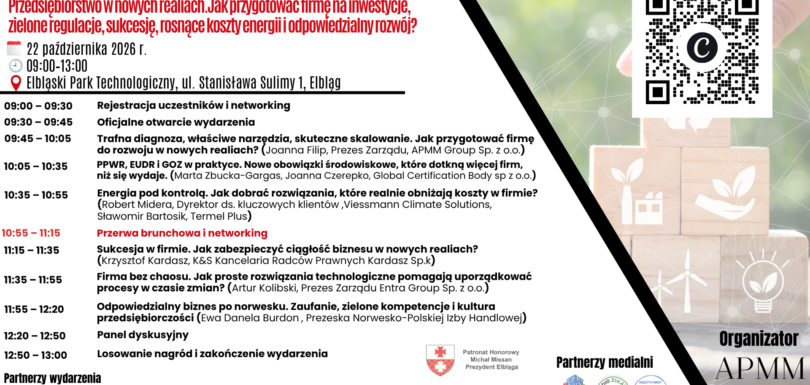 Agenda for the 5th Business Thursday, 22 October 2026 in Elbląg. The programme and registration are available in the article; partners and patronage are listed below the image.