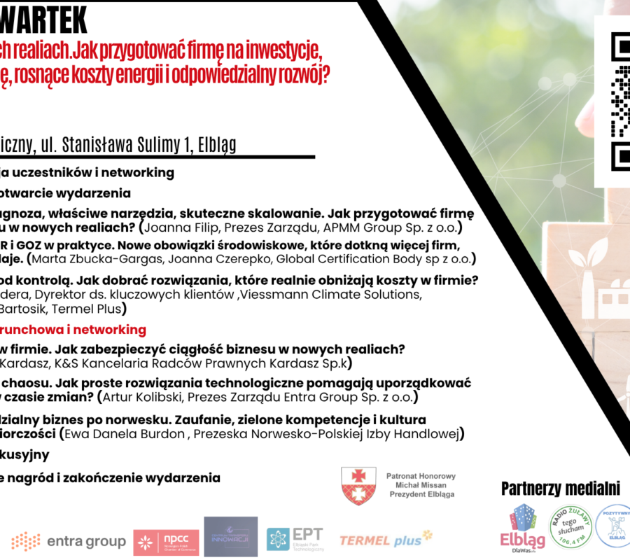 Agenda for the 5th Business Thursday, 22 October 2026 in Elbląg. The programme and registration are available in the article; partners and patronage are listed below the image.