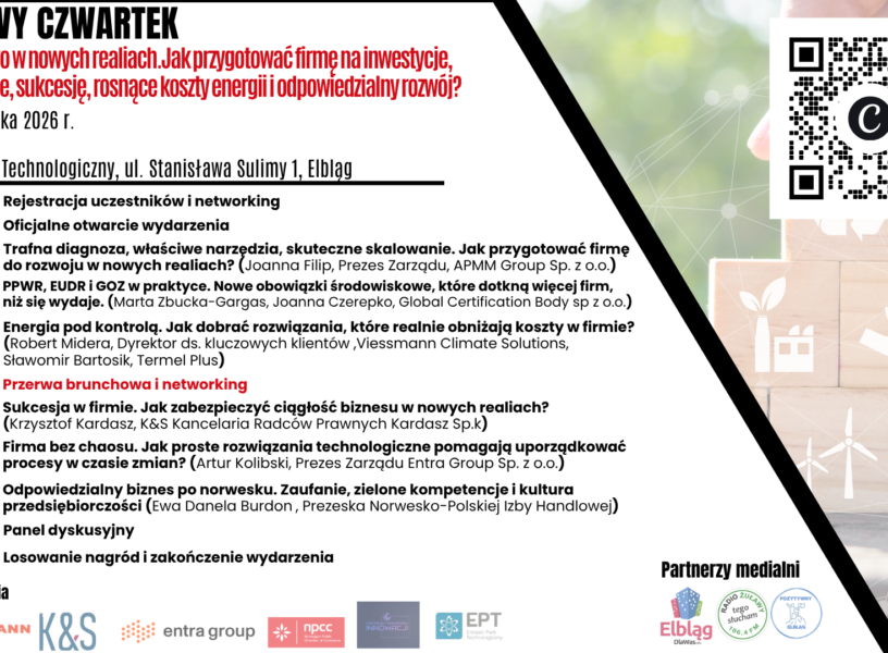 Plakat V Biznesowego Czwartku, 22 października 2026 w Elblągu. Program, informacje organizacyjne i partnerzy są opisani w treści wpisu; rejestracja przez link do Evenea.