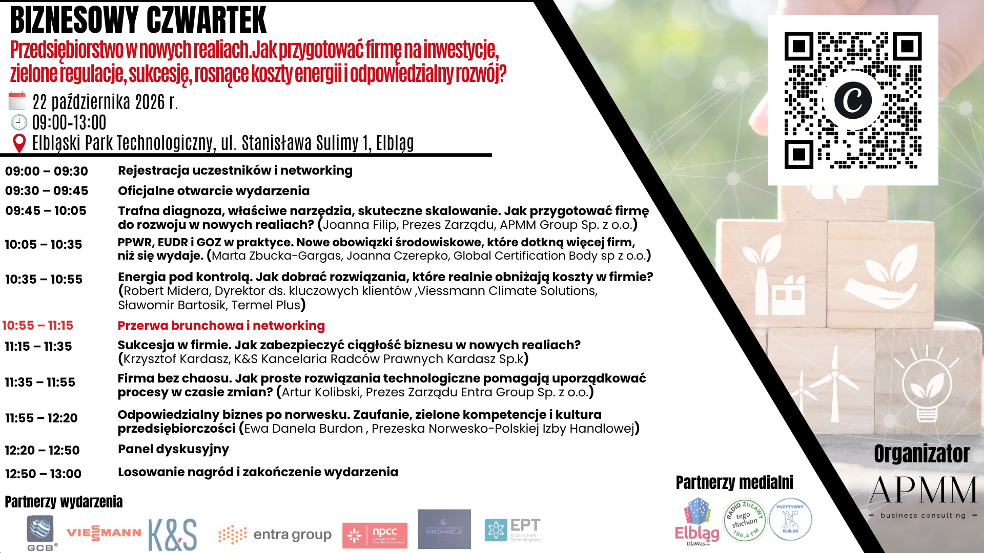 Plakat V Biznesowego Czwartku, 22 października 2026 w Elblągu. Pełny program i link do rejestracji znajdują się powyżej, a lista partnerów poniżej.